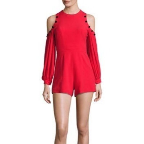 Alexis Revolve Womens Asher‎ Cold Shoulder Red Romper Black Pom Size M NWOT - Picture 1 of 6